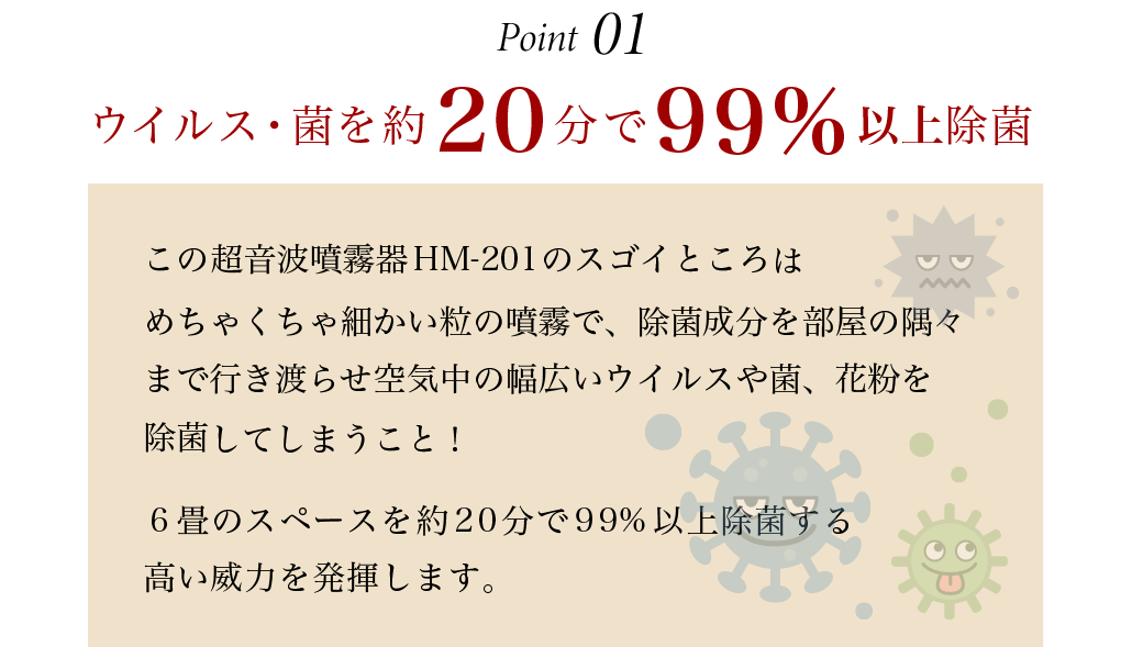 ウイルス・菌を約20分で99%以上除菌